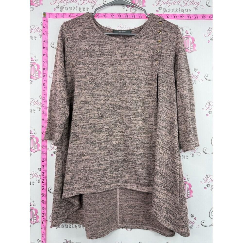 Coin 1804 shirt Pink Heathered Knit Tunic Top with Shoulder Buttons